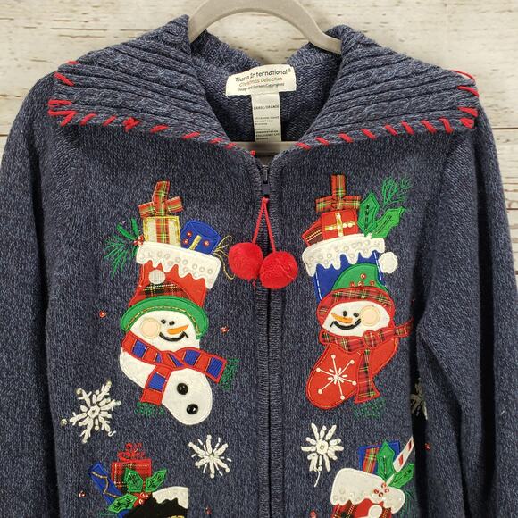 Tiara International Christmas Collection Blue Full Zip Sweater Size Large - Picture 2 of 13